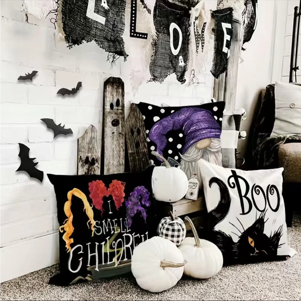 Set Of 4 Halloween Linen Blend Throw Pillow Case, Square Cushion Case, Decorativ